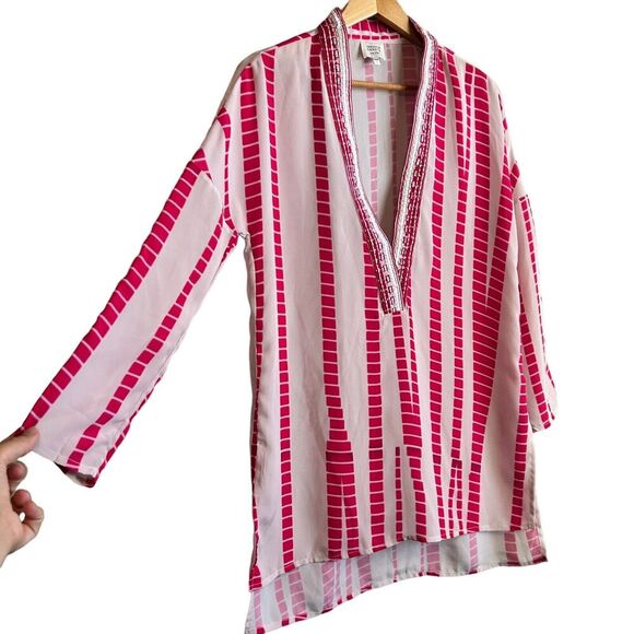 Hemant & Nandita Tunic Swim Coverup Pin White Long Sleeve Embroidered Bohemian - Picture 2 of 10